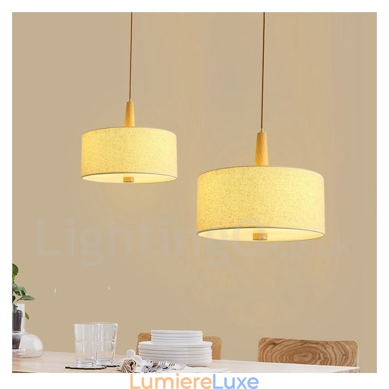 Suspension tambour contemporaine moderne en bois avec abat-jour en tissu