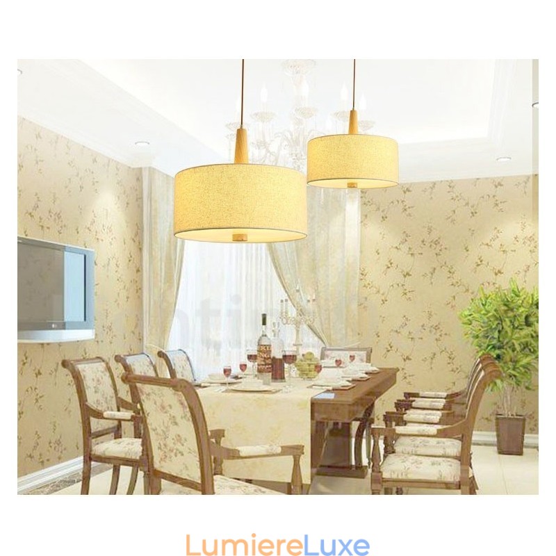 Suspension tambour contemporaine moderne en bois avec abat-jour en tissu