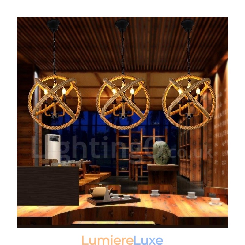 Suspension vintage à 3 lumières en corde de chanvre Country