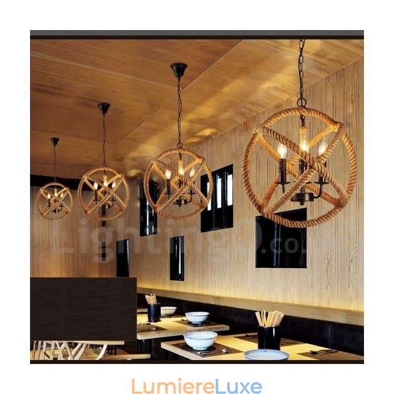 Suspension vintage à 3 lumières en corde de chanvre Country