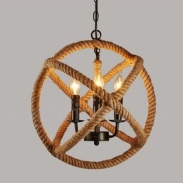 Suspension vintage à 3 lumières en corde de chanvre Country