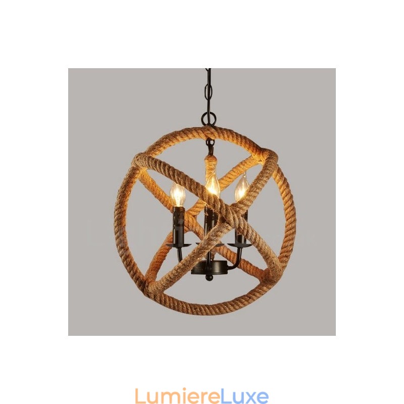 Suspension vintage à 3 lumières en corde de chanvre Country