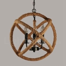 Suspension vintage à 3 lumières en corde de chanvre Country