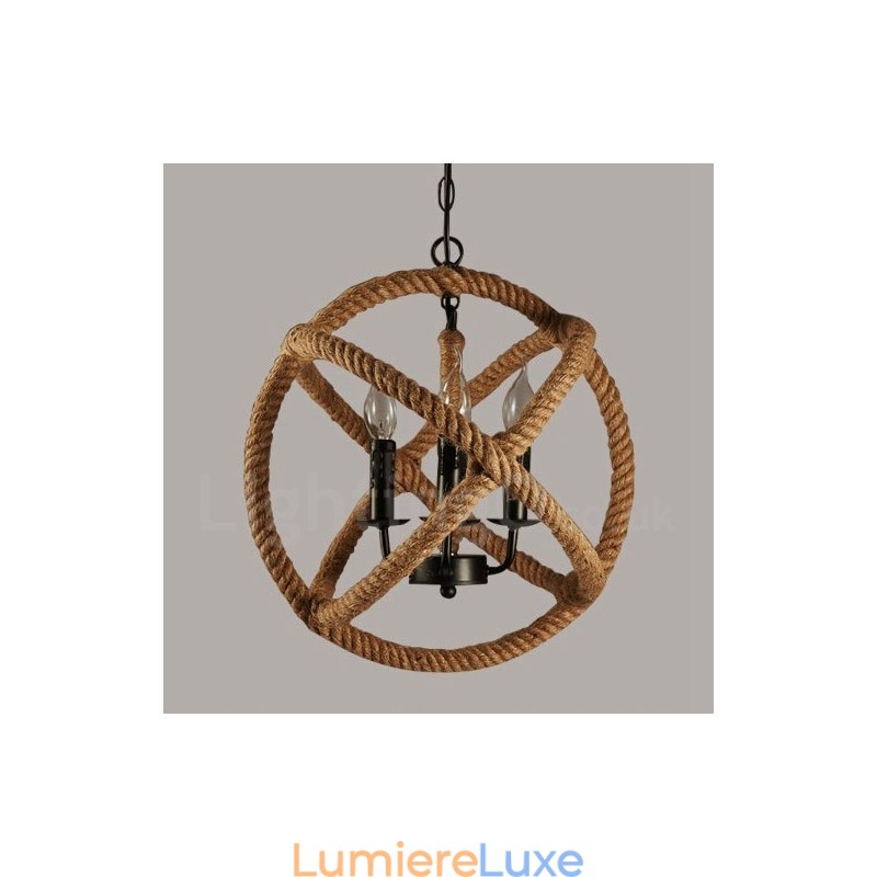 Suspension vintage à 3 lumières en corde de chanvre Country