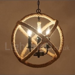 Suspension vintage à 3 lumières en corde de chanvre Country