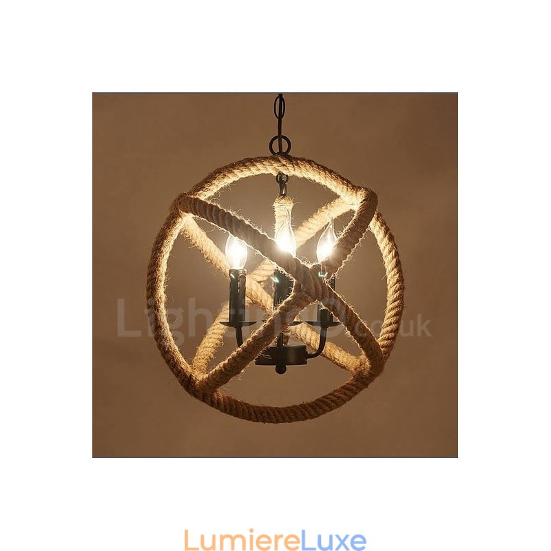 Suspension vintage à 3 lumières en corde de chanvre Country