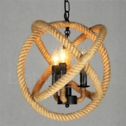 Suspension vintage à 3 lumières en corde de chanvre Country