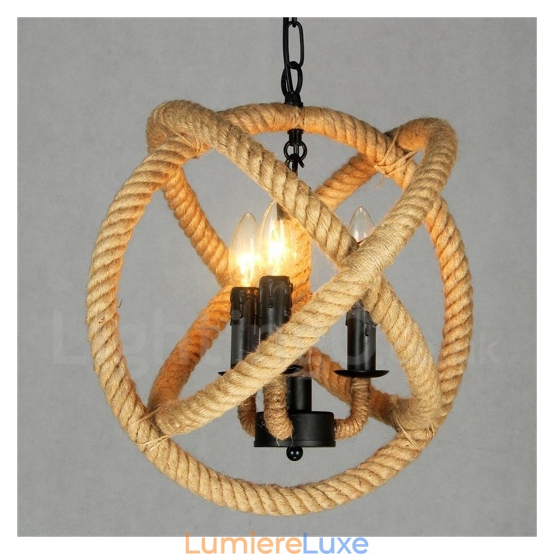 Suspension vintage à 3 lumières en corde de chanvre Country