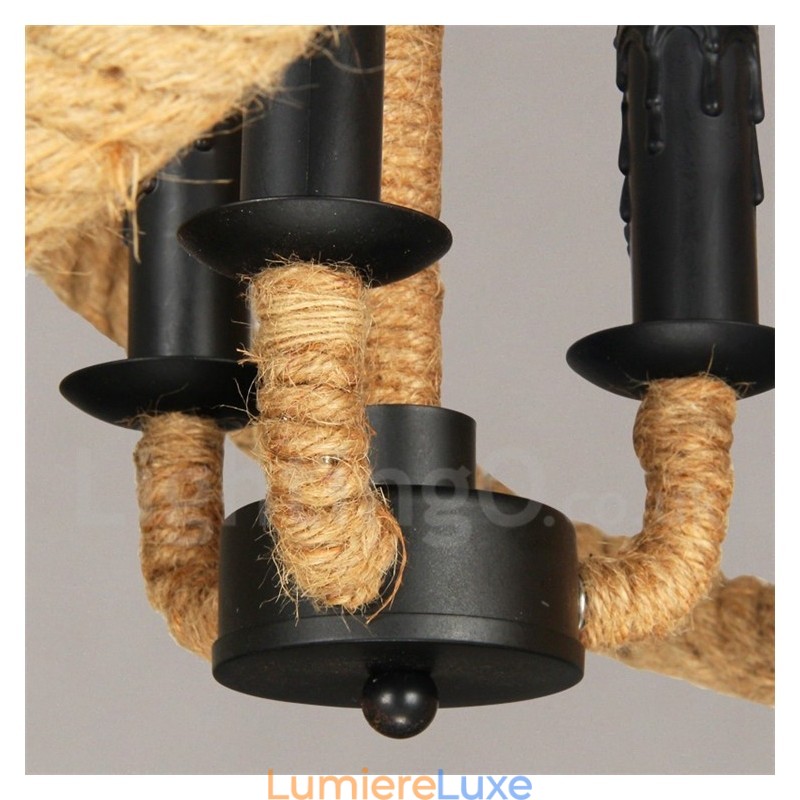 Suspension vintage à 3 lumières en corde de chanvre Country