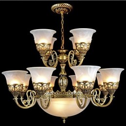 Lustre en bronze à quinze lumières en verre moiré, style rétro européen classique