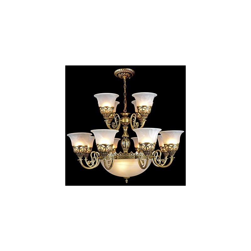 Lustre en bronze à quinze lumières en verre moiré, style rétro européen classique