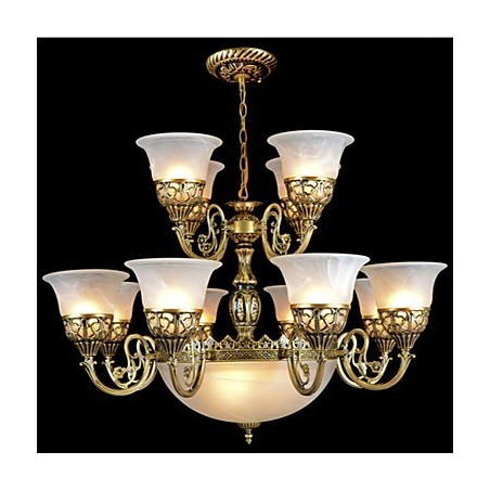 Lustre en bronze à quinze lumières en verre moiré, style rétro européen classique Lustre en bronze à quinze lumières en verre moiré, style rétro européen classique
