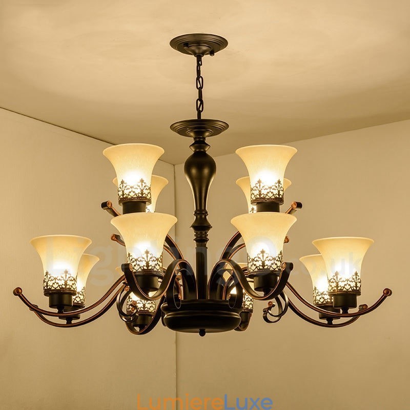 Lustre en métal intégré à 12 lumières de style rustique