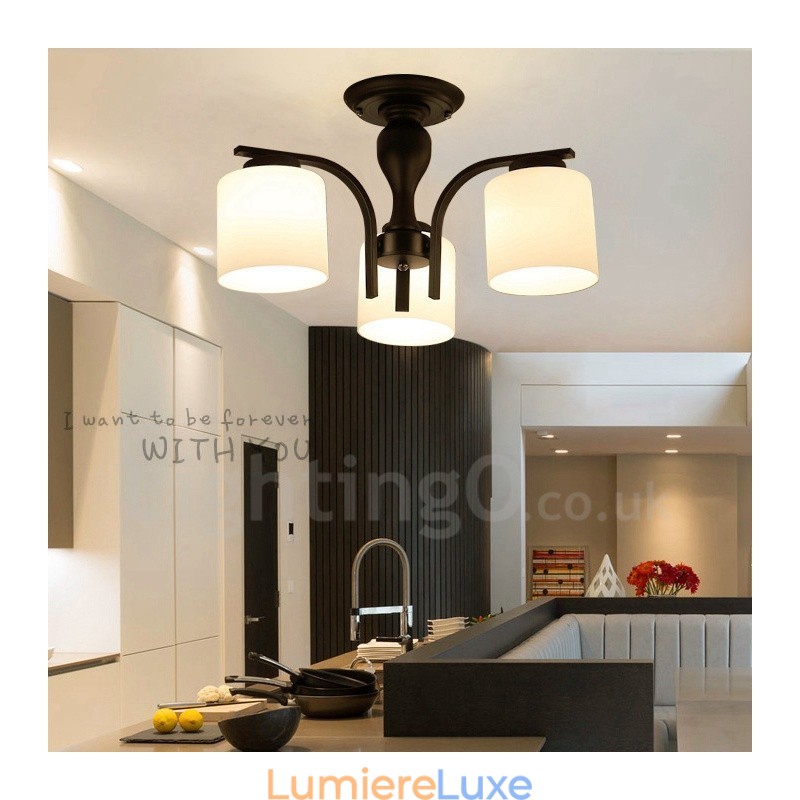 Lustre en métal intégré à 3 lumières de style campagnard avec abat-jour en verre