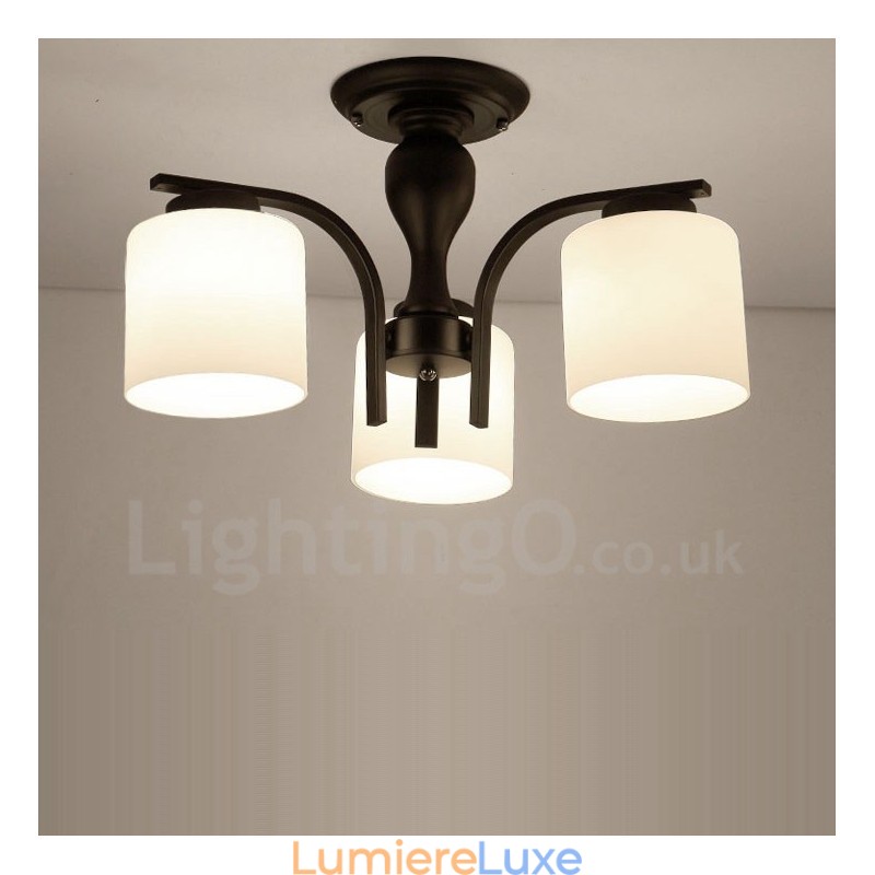 Lustre en métal intégré à 3 lumières de style campagnard avec abat-jour en verre