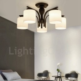 Lustre en métal intégré à 5 lumières de style campagnard avec abat-jour en verre