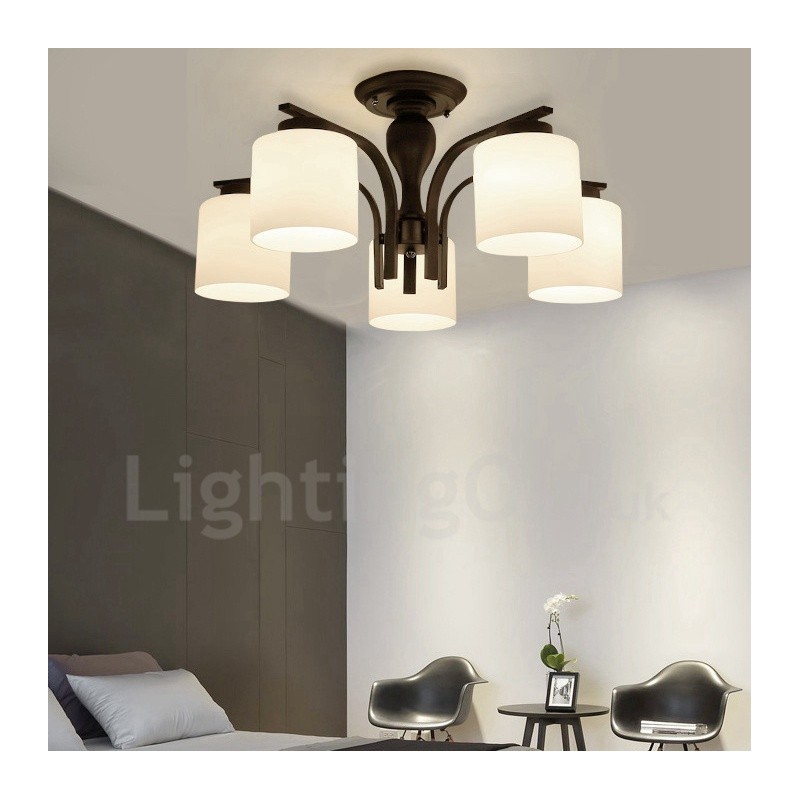 Lustre en métal intégré à 5 lumières de style campagnard avec abat-jour en verre