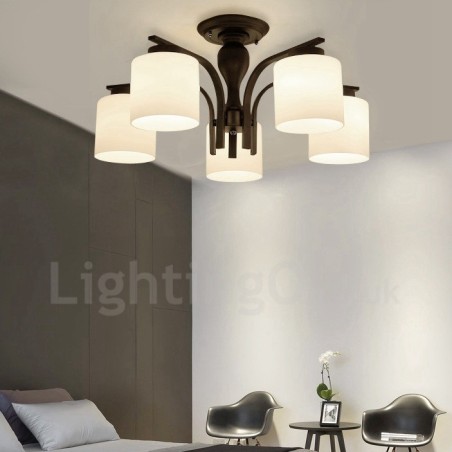 Lustre en métal intégré à 5 lumières de style campagnard avec abat-jour en verre Lustre en métal intégré à 5 lumières de style campagnard avec abat-jour en verre