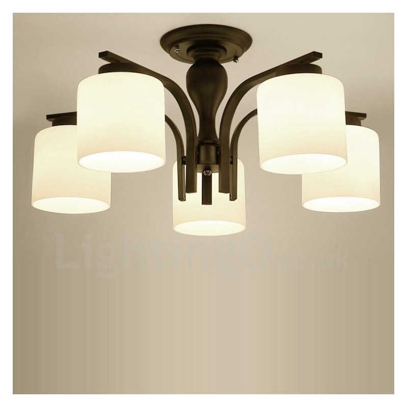 Lustre en métal intégré à 5 lumières de style campagnard avec abat-jour en verre