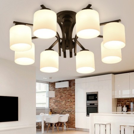 Lustre en métal intégré à 8 lumières de style campagnard avec abat-jour en verre Lustre en métal intégré à 8 lumières de style campagnard avec abat-jour en verre
