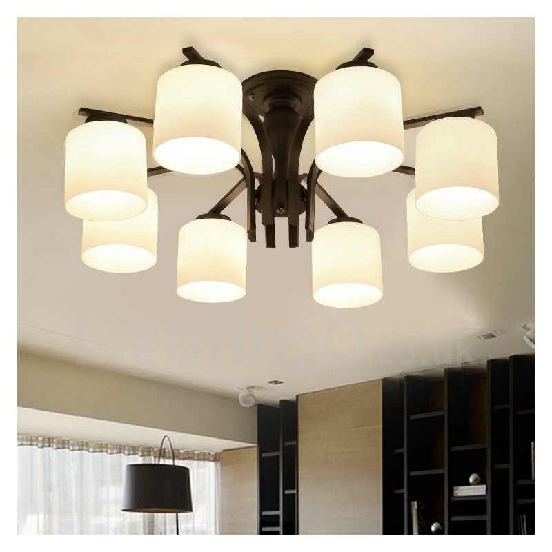 Lustre en métal intégré à 8 lumières de style campagnard avec abat-jour en verre