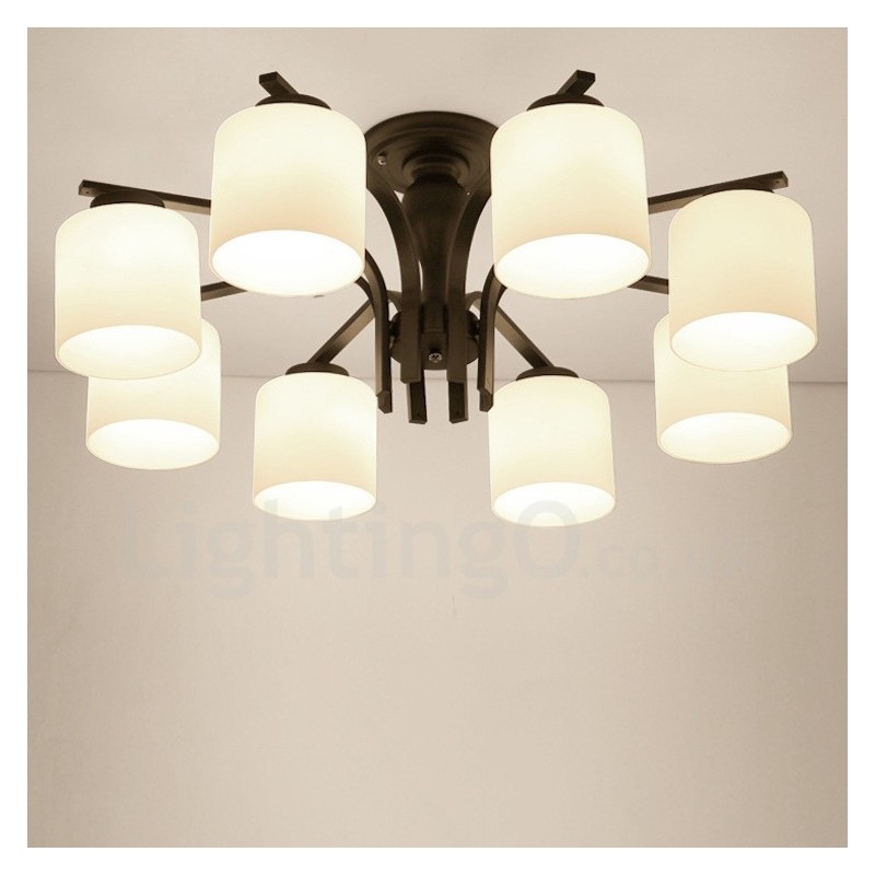 Lustre en métal intégré à 8 lumières de style campagnard avec abat-jour en verre