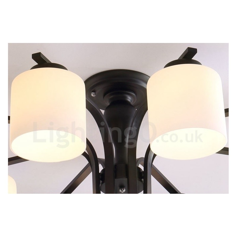 Lustre en métal intégré à 8 lumières de style campagnard avec abat-jour en verre