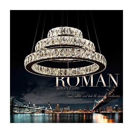 Suspension moderne à trois anneaux, blanc chaud, D204060, transparent, K9, grand format, en cristal Suspension moderne à trois anneaux, blanc chaud, D204060, transparent, K9, grand format, en cristal