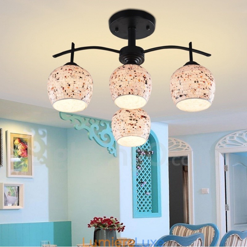 Lustre intégré de style méditerranéen à 4 lumières avec abat-jour en verre