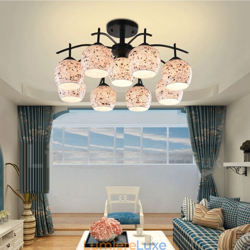 Lustre intégré de style méditerranéen à 9 lumières avec abat-jour en verre