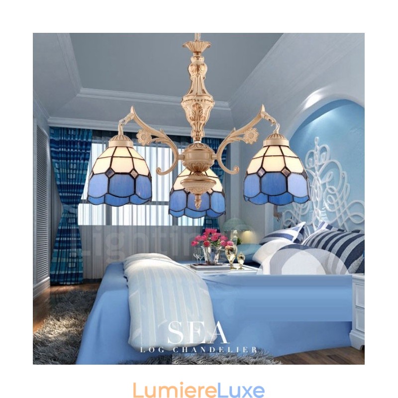 Lustre en métal intégré de style méditerranéen à 3 lumières avec abat-jour en verre