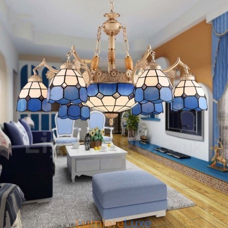 Lustre en métal intégré de style méditerranéen à 9 lumières avec abat-jour en verre Lustre en métal intégré de style méditerranéen à 9 lumières avec abat-jour en verre