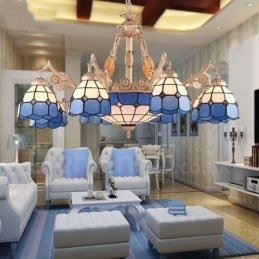 Lustre en métal intégré de style méditerranéen à 11 lumières avec abat-jour en verre