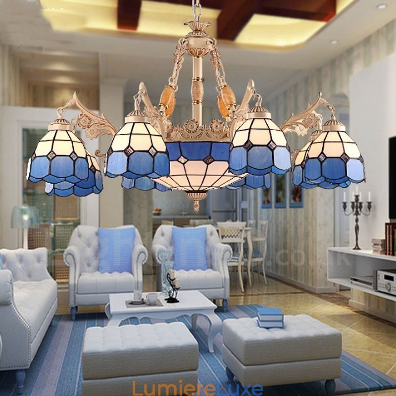 Lustre en métal intégré de style méditerranéen à 11 lumières avec abat-jour en verre