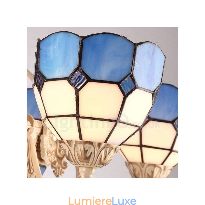 Lustre en métal intégré de style méditerranéen à 11 lumières avec abat-jour en verre