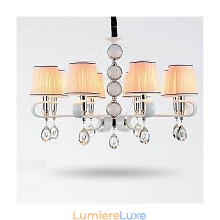 Lustre en tissu 8 lumières de haute qualité, anneau en argent et jade blanc Lustre en tissu 8 lumières de haute qualité, anneau en argent et jade blanc