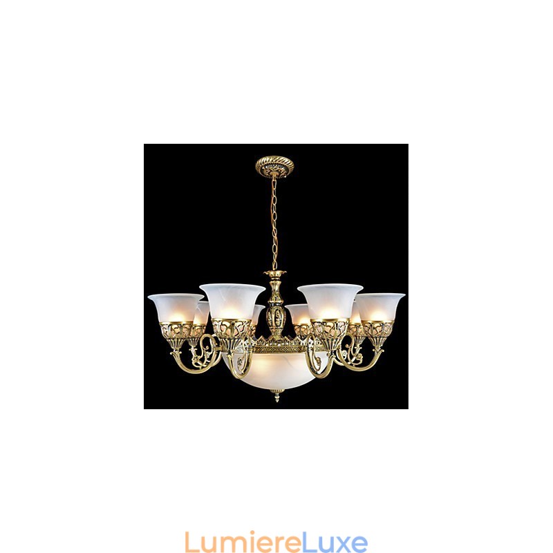 Lustre en bronze à onze lumières en verre moiré, style européen rétro classique