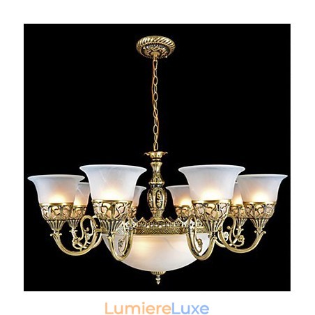 Lustre en bronze à onze lumières en verre moiré, style européen rétro classique Lustre en bronze à onze lumières en verre moiré, style européen rétro classique