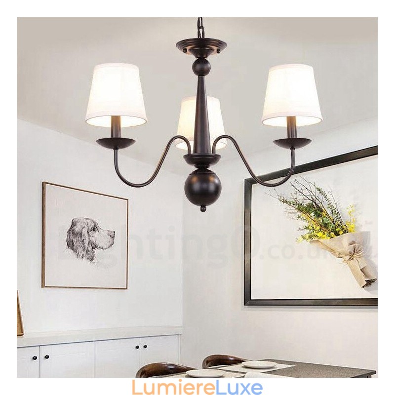Lustre rustique en métal à 3 lumières avec abat-jour en tissu