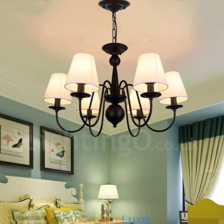 Lustre rustique en métal intégré à 6 lumières avec abat-jour en tissu Lustre rustique en métal intégré à 6 lumières avec abat-jour en tissu