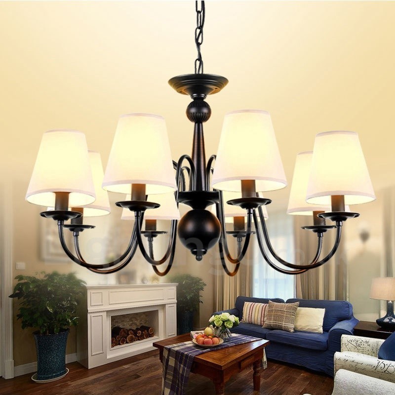 Lustre rustique en métal intégré à 8 lumières avec abat-jour en tissu