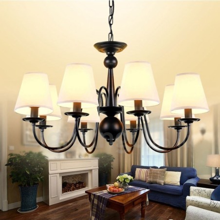Lustre rustique en métal intégré à 8 lumières avec abat-jour en tissu Lustre rustique en métal intégré à 8 lumières avec abat-jour en tissu