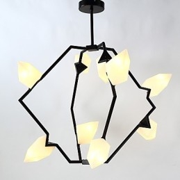 Lustre moderne à neuf lampes en métal et verre couleur pêche, lampe suspendue décorative pour cantine