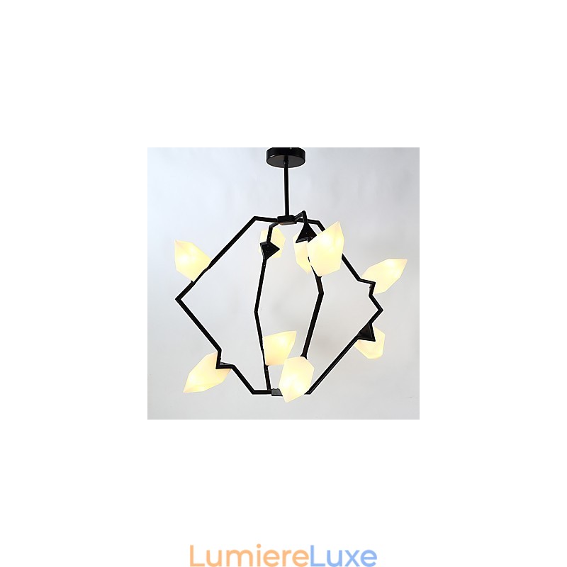 Lustre moderne à neuf lampes en métal et verre couleur pêche, lampe suspendue décorative pour cantine