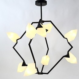 Lustre moderne à neuf lampes en métal et verre couleur pêche, lampe suspendue décorative pour cantine