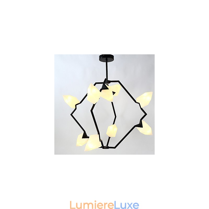 Lustre moderne à neuf lampes en métal et verre couleur pêche, lampe suspendue décorative pour cantine