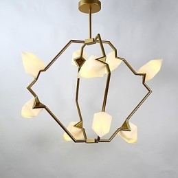 Lustre moderne à neuf lampes en métal et verre couleur pêche, lampe suspendue décorative pour cantine