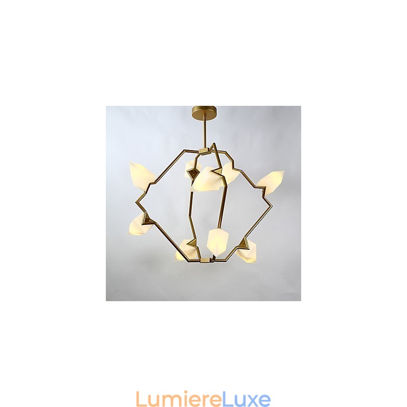 Lustre moderne à neuf lampes en métal et verre couleur pêche, lampe suspendue décorative pour cantine