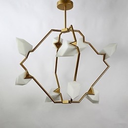 Lustre moderne à neuf lampes en métal et verre couleur pêche, lampe suspendue décorative pour cantine