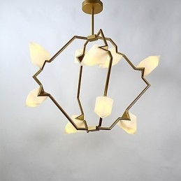 Lustre moderne à neuf lampes en métal et verre couleur pêche, lampe suspendue décorative pour cantine